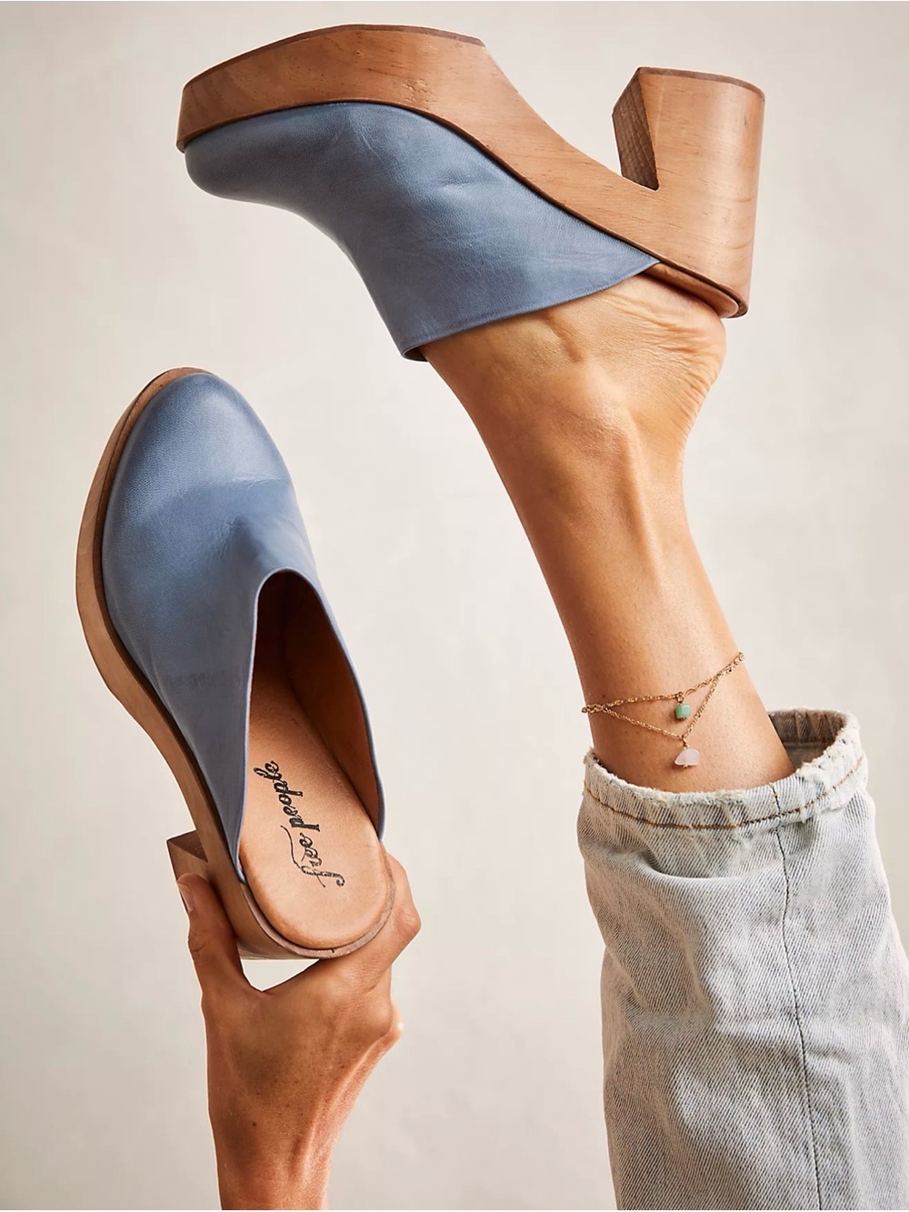 Free People Suki Platform Clogs size 7.5 blue leather platform chunky heel